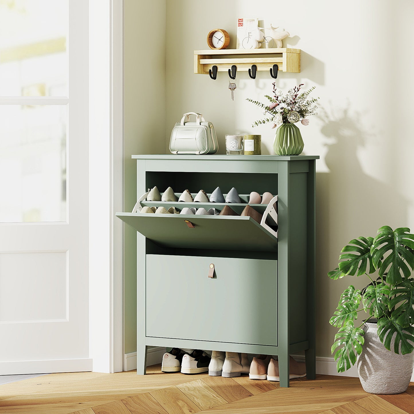 Sela Wooden Mint Green Modern 2 Drawer Shoe Cabinet  Faux Leather Handles