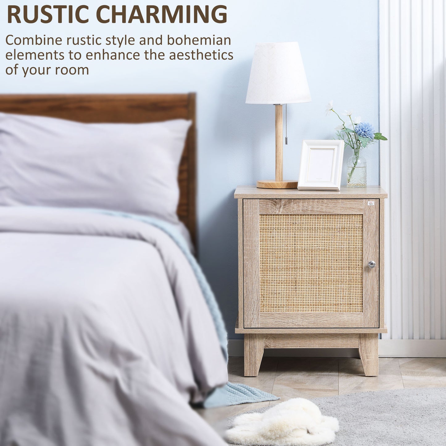 Rani Fini Wooden Natural Set Of 2 Bedside Tables With Rattan Door and Shelf