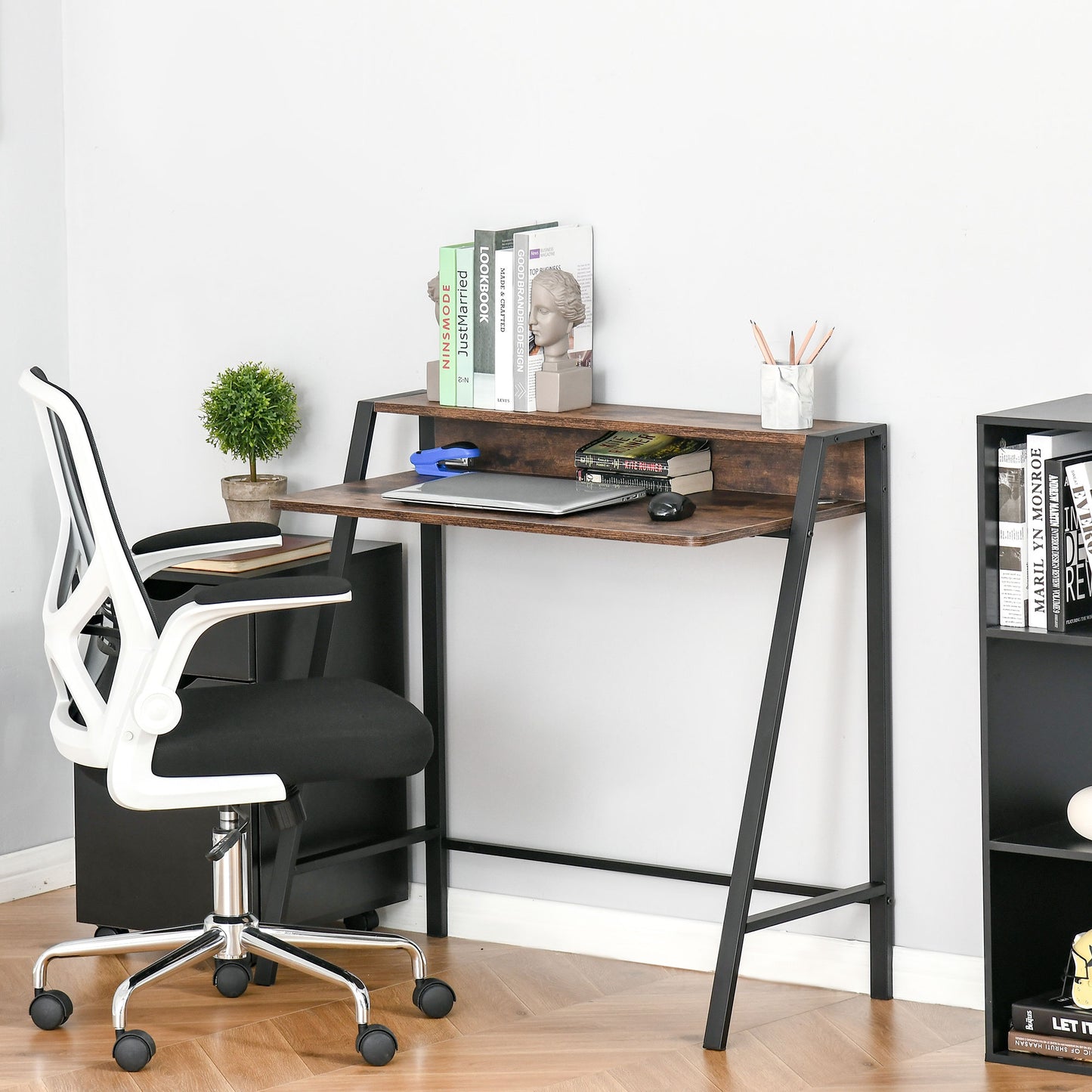 Hala 84cm Rustic Brown Compact Writing Desk With Integrated Storage Shelves