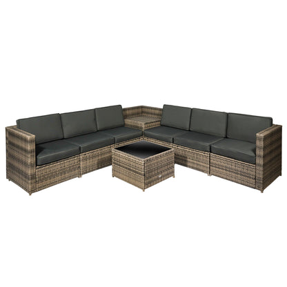Lofa Rattan Brown 6 Seater Outdoor Corner Sofa Set With Cushions And Glass Coffee Table