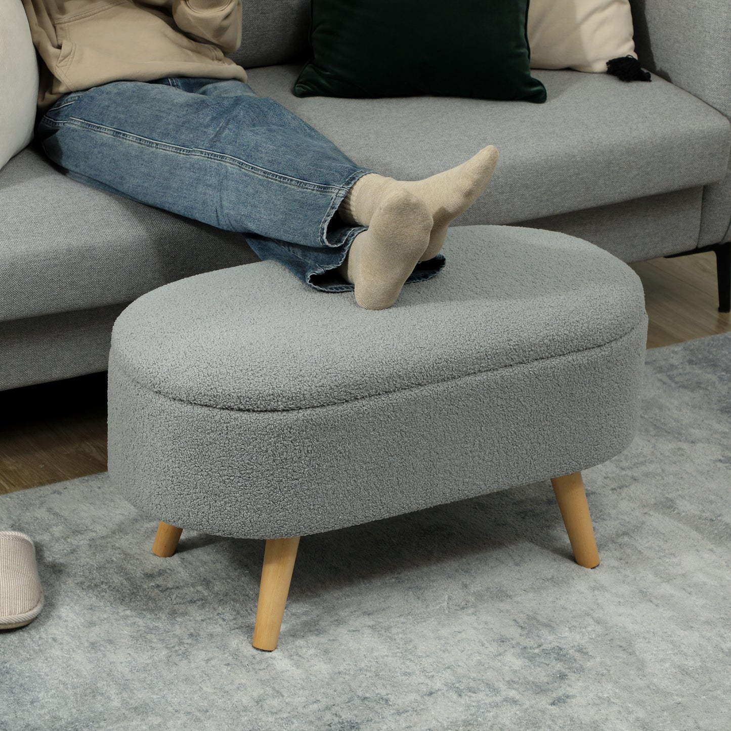 Mael Boucle Light Grey Storage Ottoman Teddy Fleece Natural Wooden Legs