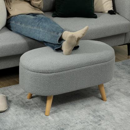 Mael Boucle Light Grey Storage Ottoman Teddy Fleece Natural Wooden Legs