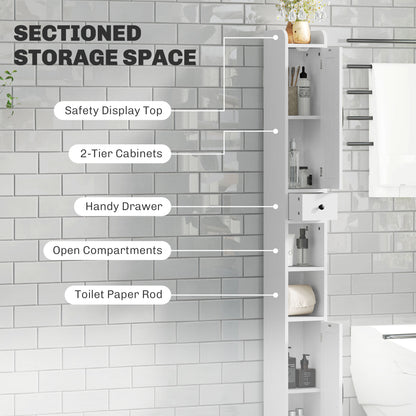 Minore Farmhouse Style Slim Bathroom Storage Cabinet With Barn Doors And Toilet Roll Holder White