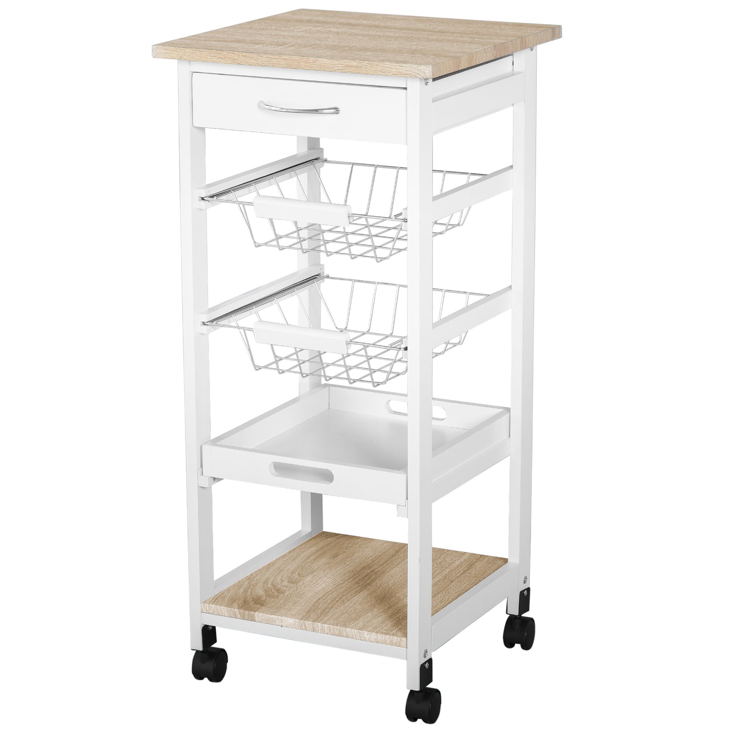 Dini Wooden White Mobile Kitchen Trolley With Baskets Shelves And Wheels