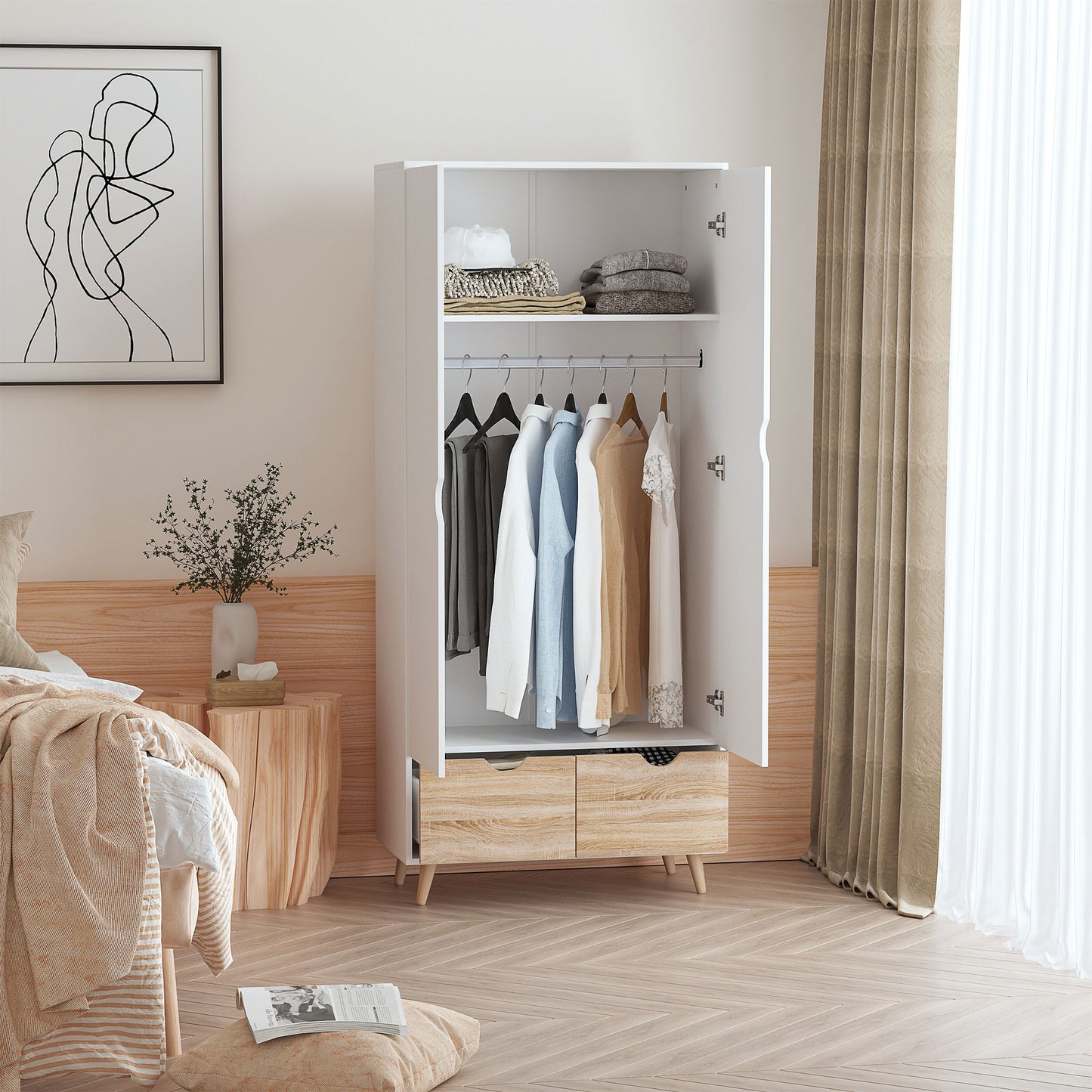 Belamar White and Natural 2 Door Wardrobe With Hanging Rail 2 Drawers And Wooden Legs