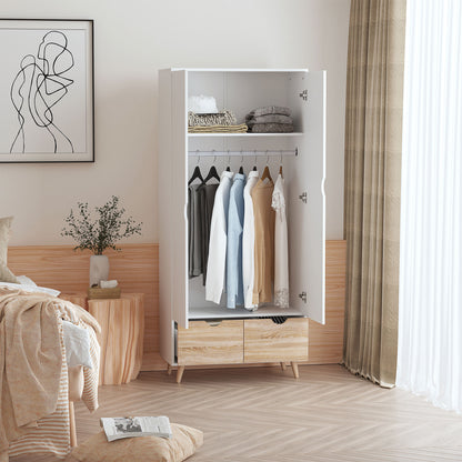 Belamar White and Natural 2 Door Wardrobe With Hanging Rail 2 Drawers And Wooden Legs