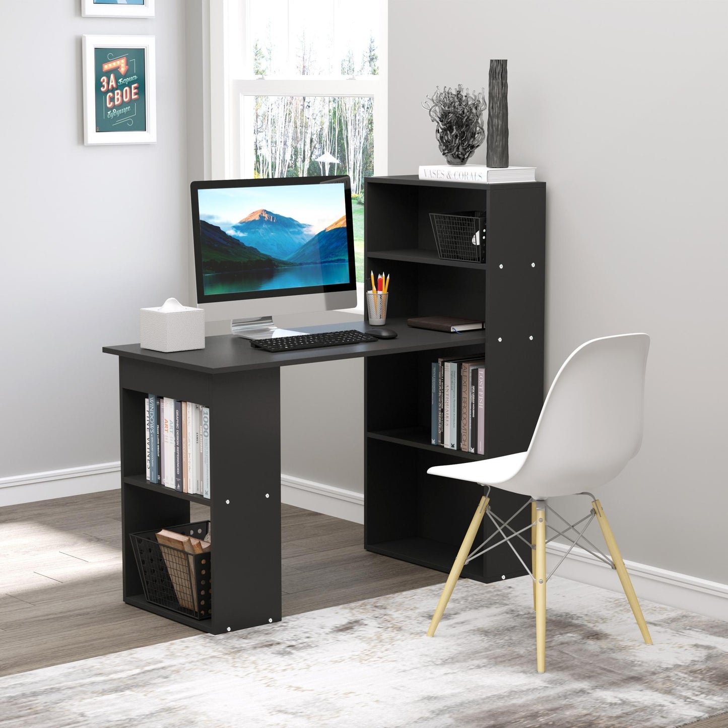 Elni 120cm Wooden Black Study Desk With 6 Tier Bookshelf Storage