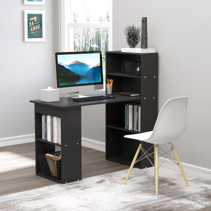 Elni 120cm Wooden Black Study Desk With 6 Tier Bookshelf Storage