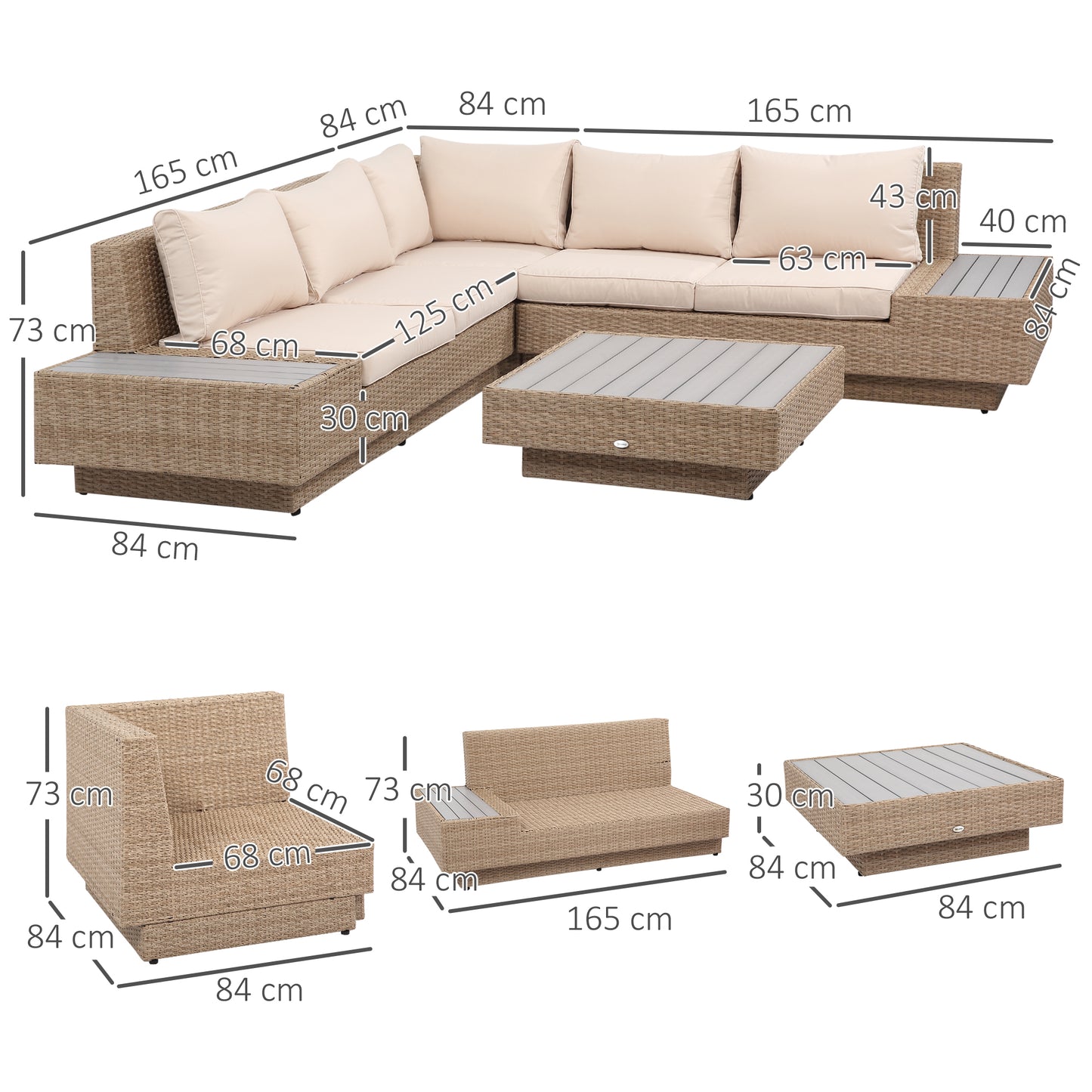 Repa Natural Rattan and Beige 5 Seater Garden Corner Sofa Set With Side Tables and Coffee Table