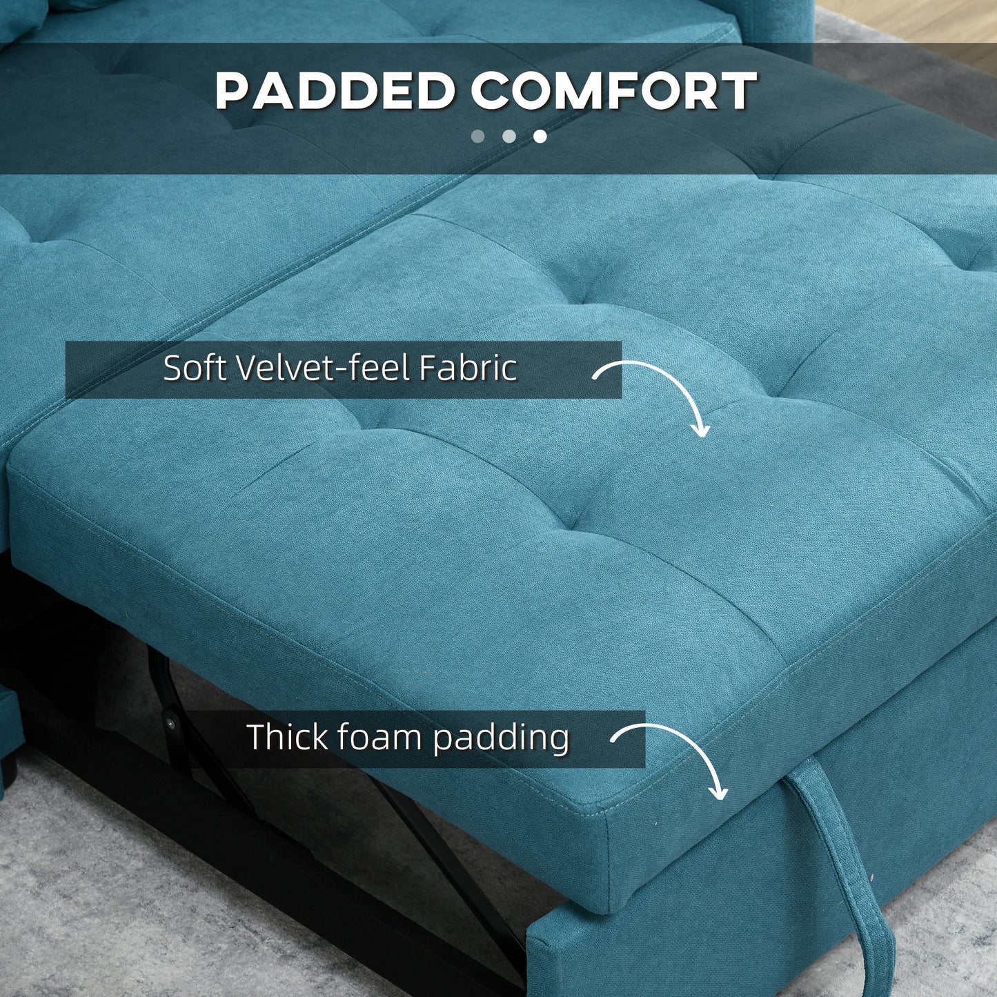 Codoha Kapa Fabric Blue 2 Seater Sofa Bed With Side Pockets And Cushions