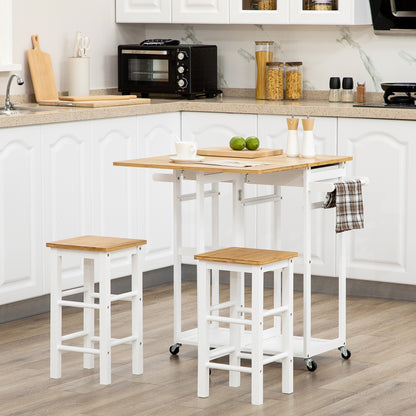 Elvami Vafa Wooden White Kitchen Island Set With 2 Stools Drop Leaf Top Drawers And Towel Rack
