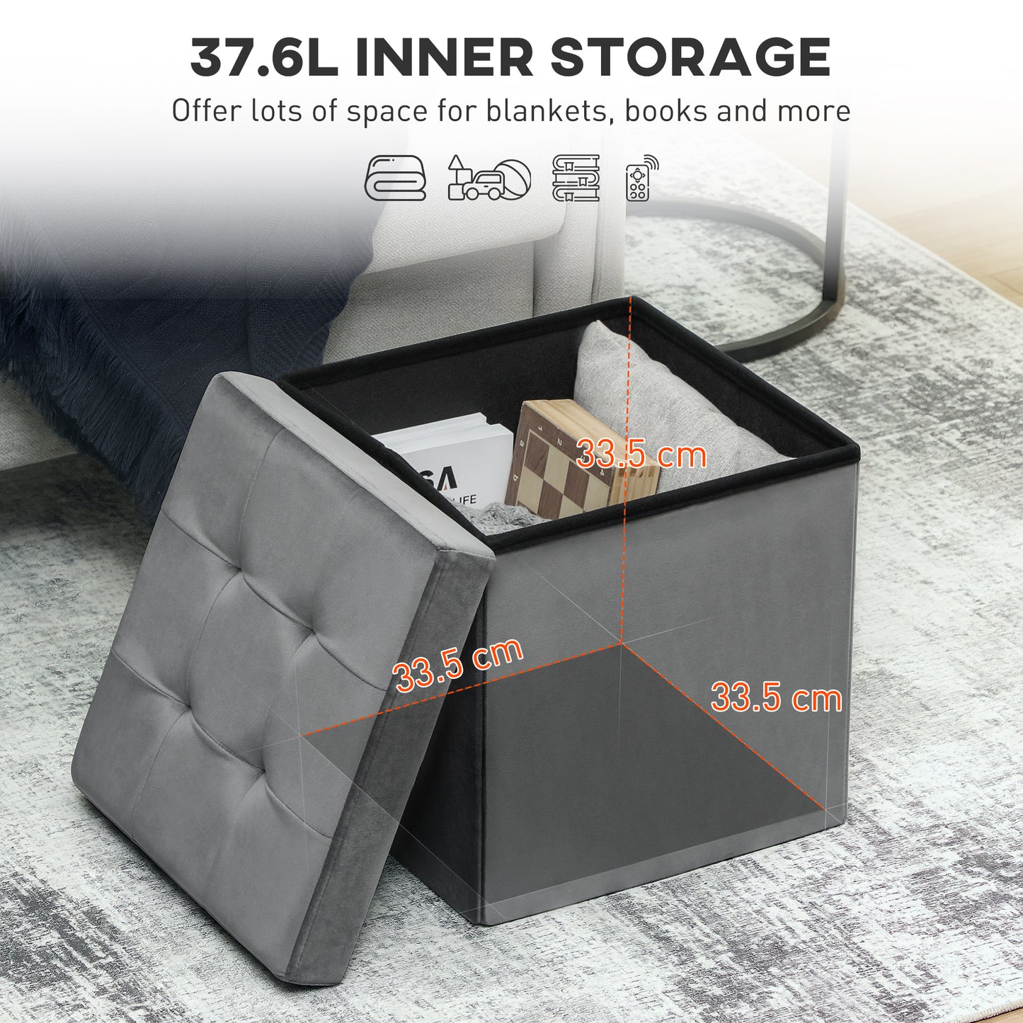 Nasedo Square Velvet Grey Foldable Storage Ottoman with Removable Lid