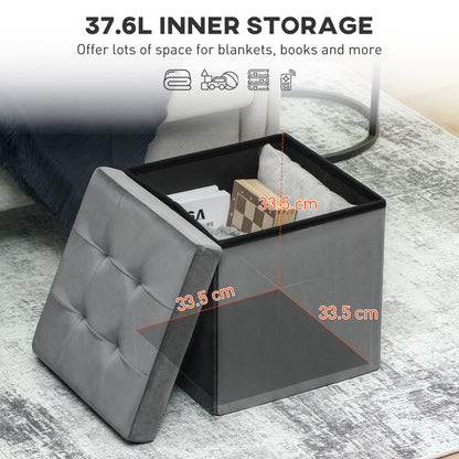 Nasedo Square Velvet Grey Foldable Storage Ottoman with Removable Lid