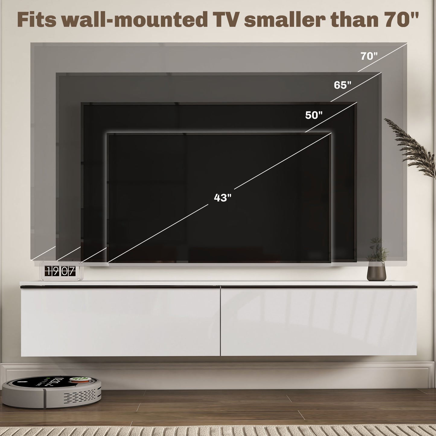 Disa 160cm High Gloss White Floating TV Cabinet For Screens Up To 70 Inches