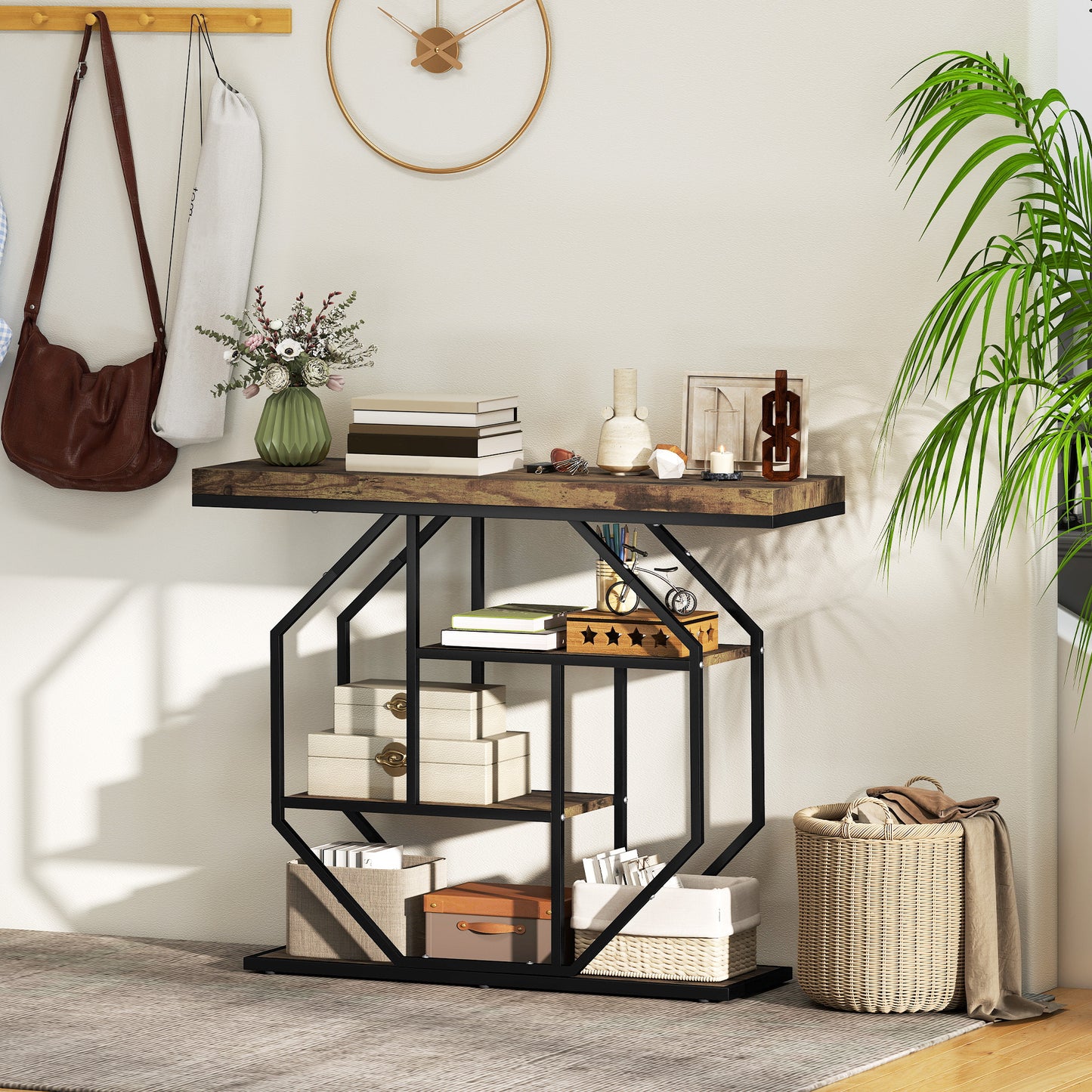 Reello Metal And Wooden Rustic Brown 4 Tier Industrial Console Table