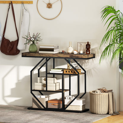 Reello Metal And Wooden Rustic Brown 4 Tier Industrial Console Table