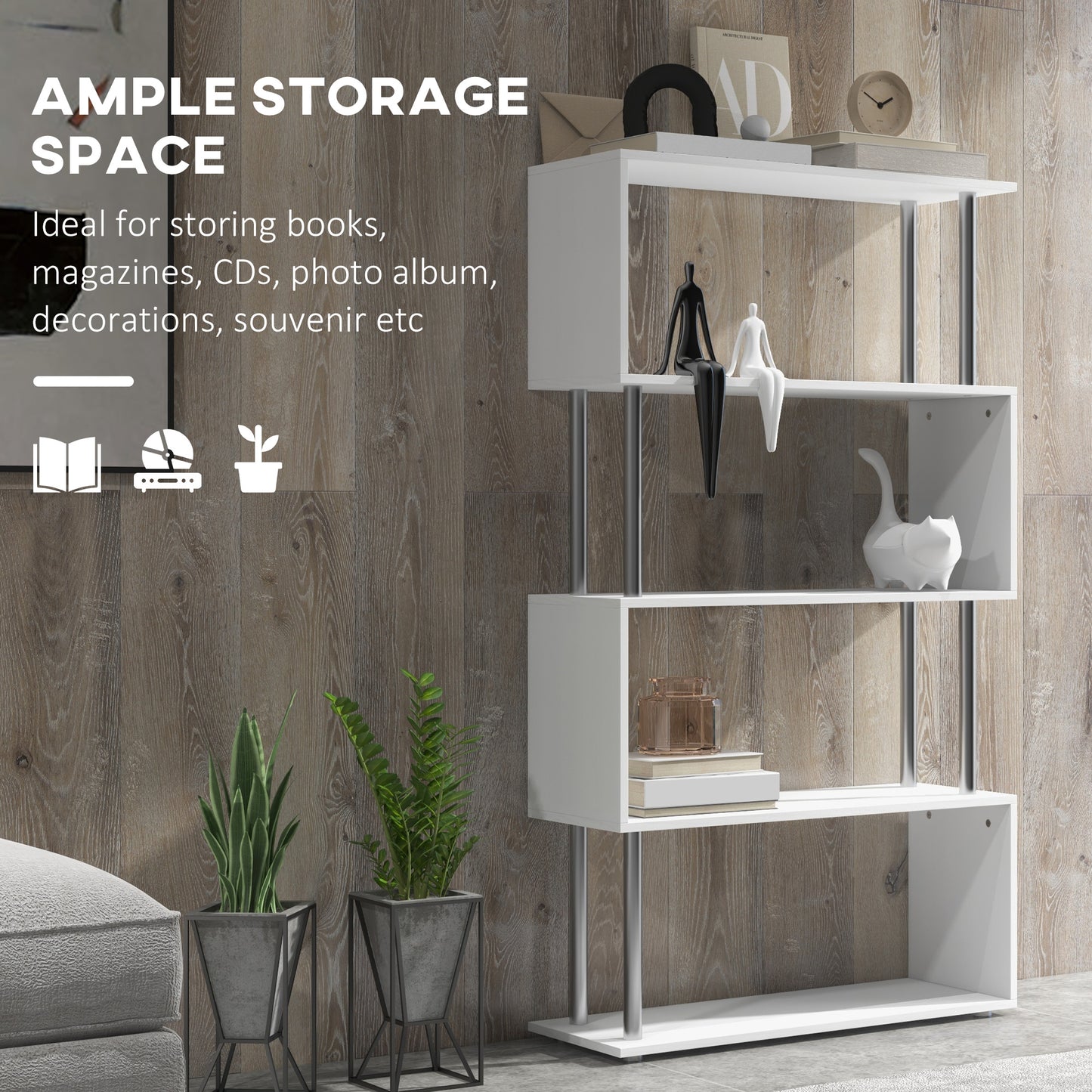Fini Wood White 5 Tier S ShaFauxd Freestanding Bookcase 80 x 30 x 145 cm