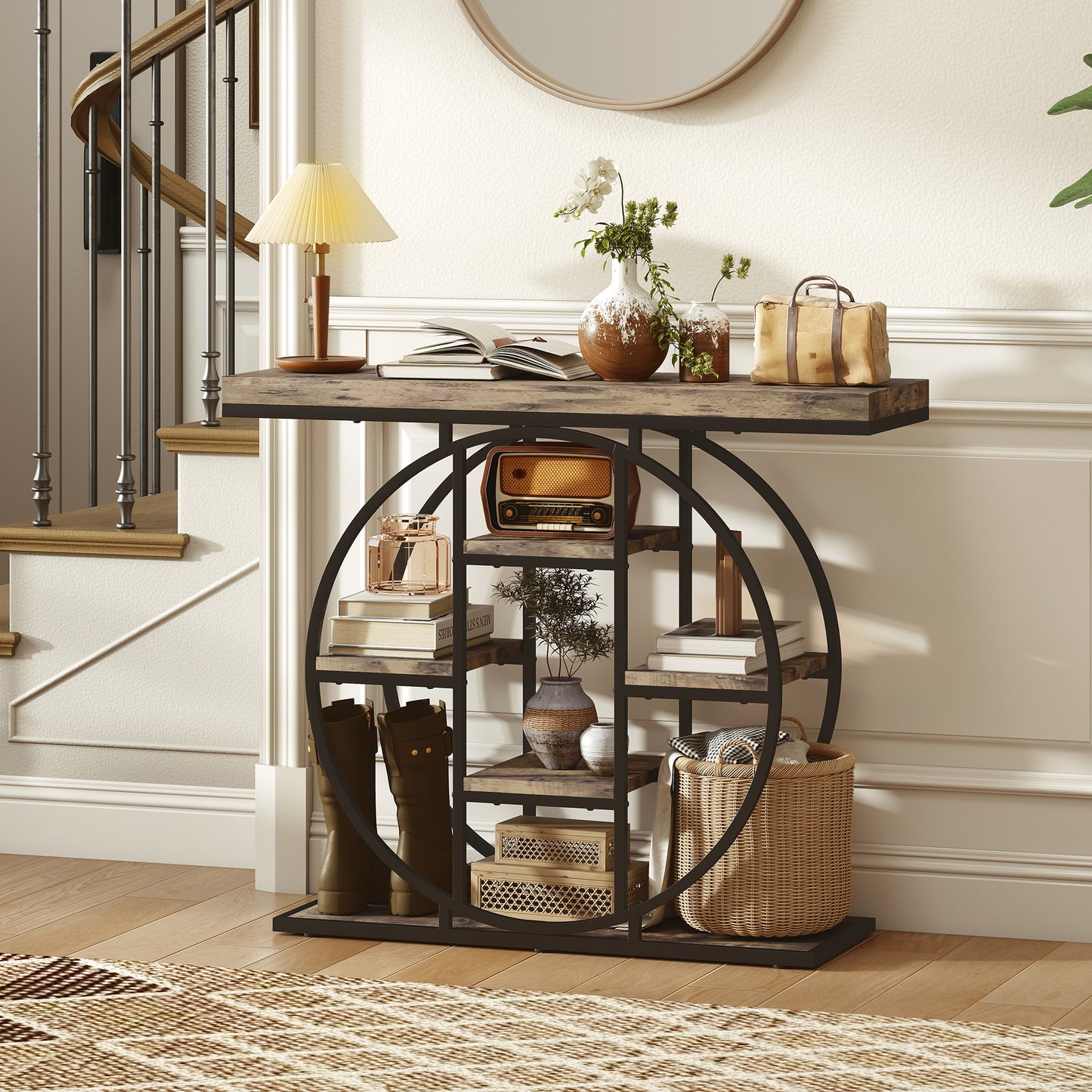 Reyore Metal And Wooden Rustic Brown Industrial Console Table With OFauxn Shelving