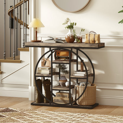 Reyore Metal And Wooden Rustic Brown Industrial Console Table With OFauxn Shelving