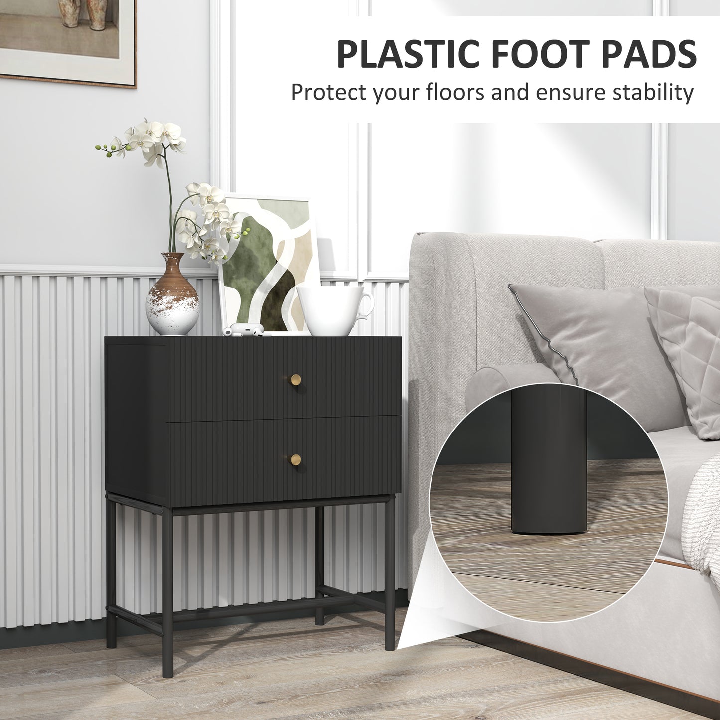 Nafico Black and Gold Elegant 2 Drawer Ribbed  Bedside Table