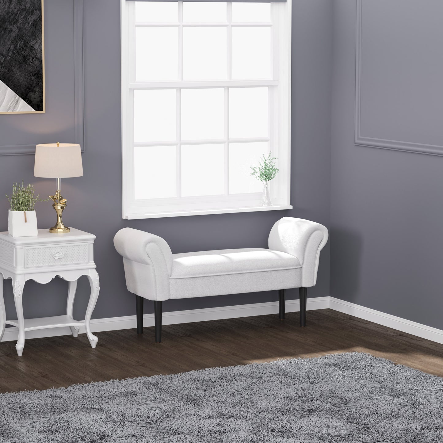 Rosomi  Cream Upholstered Mid Century Entryway Bench With Armrests And Wooden Legs