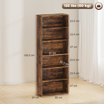 Loama Wooden Rustic Brown 6 Tier Storage Bookcase
