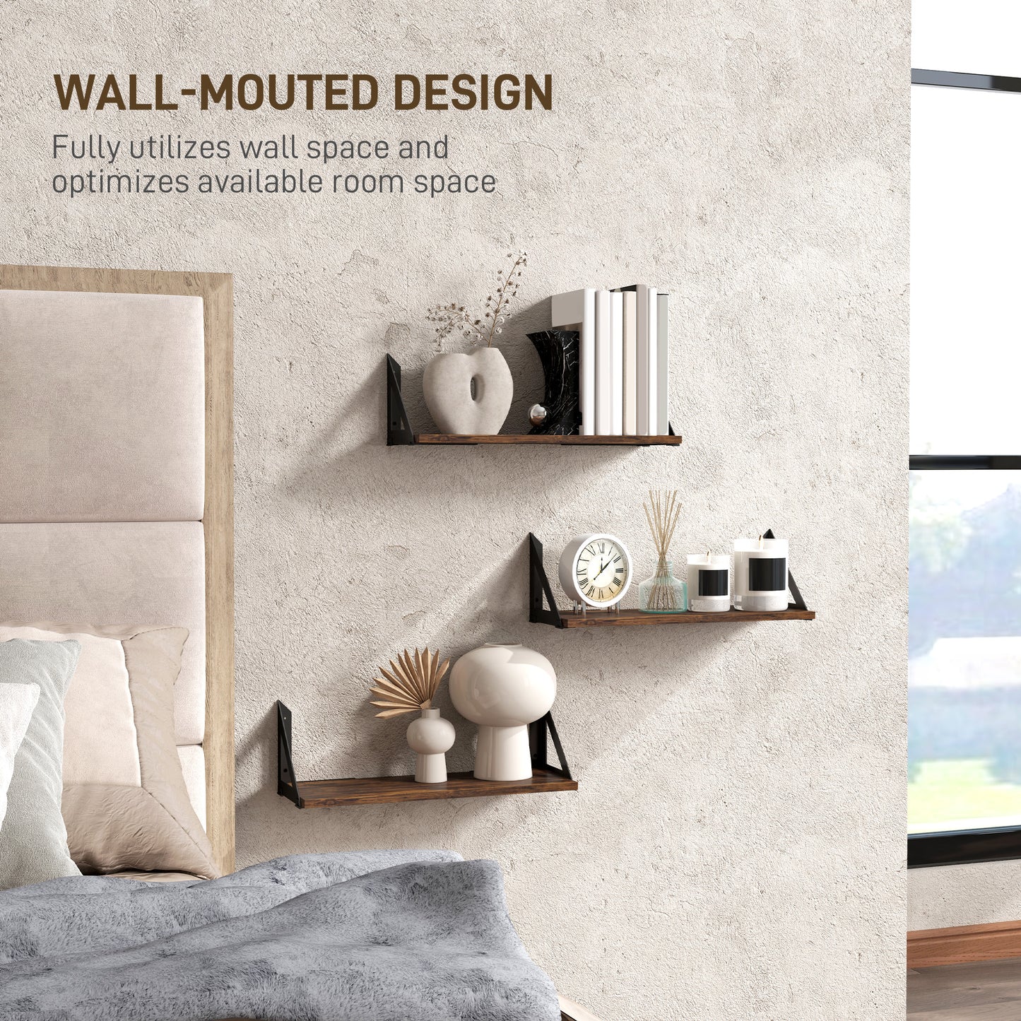 Filozi Wood Rustic Brown Set Of 3 Vintage Style Wall Mounted Shelves 43 cm