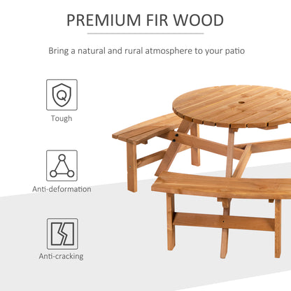 Bare Wood Brown Red 6 Seater Round Picnic Table With 3 Benches And Parasol Hole