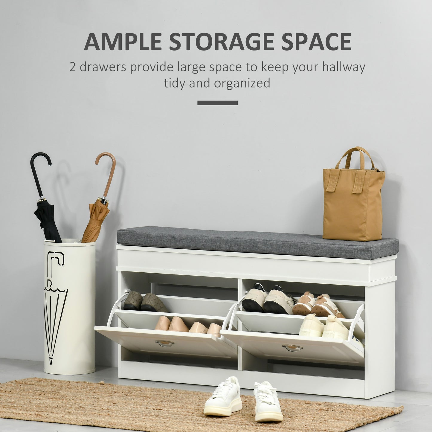 Nedola Wooden White Shoe Storage Bench With Cushioned Seat 2 Flip Drawers