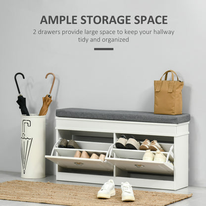 Nedola Wooden White Shoe Storage Bench With Cushioned Seat 2 Flip Drawers