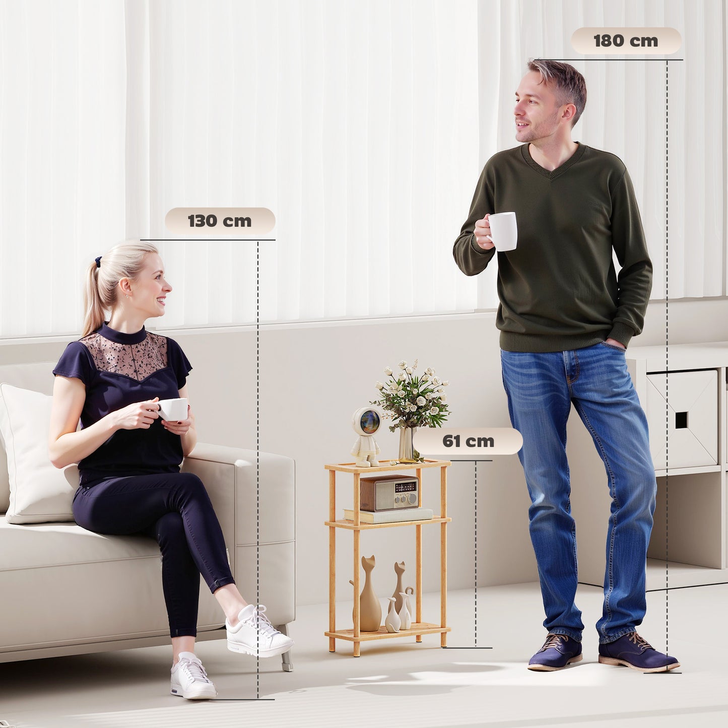 Neliyo Bamboo Natural 3 Tier Slim Side Table With Nordic Style Design