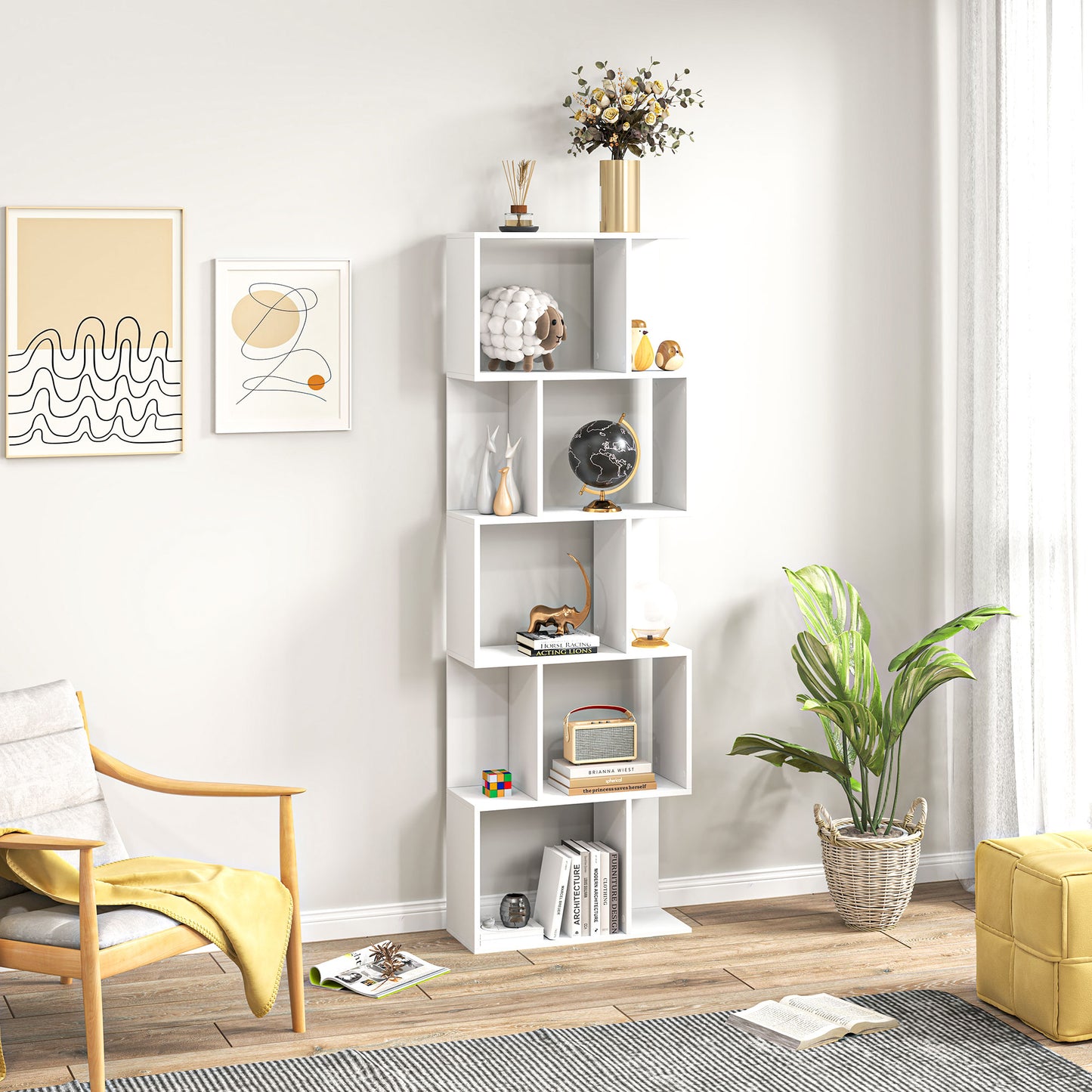 Matosu Wood White 5 Tier S ShaFauxd Freestanding Bookcase Display Unit