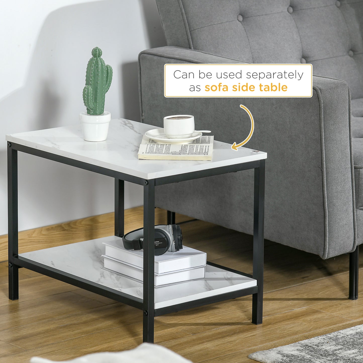Yoloba Metal And Wood White And Black Set Of 2 Marble Effect Nesting Coffee Tables