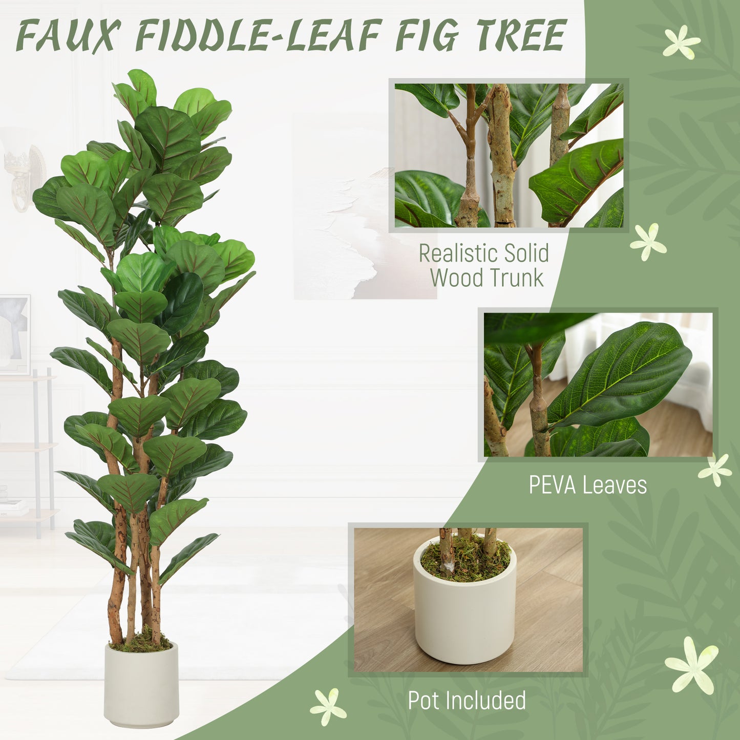 Toelna Artificial Fiddle Leaf Fig Style Tree With Broad Leaves H8 150cm Green