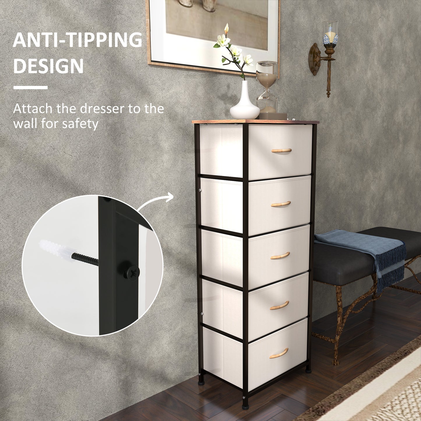 Yona Metal And Fabric Cream White 5 Drawer Industrial Storage Dresser With Steel Frame