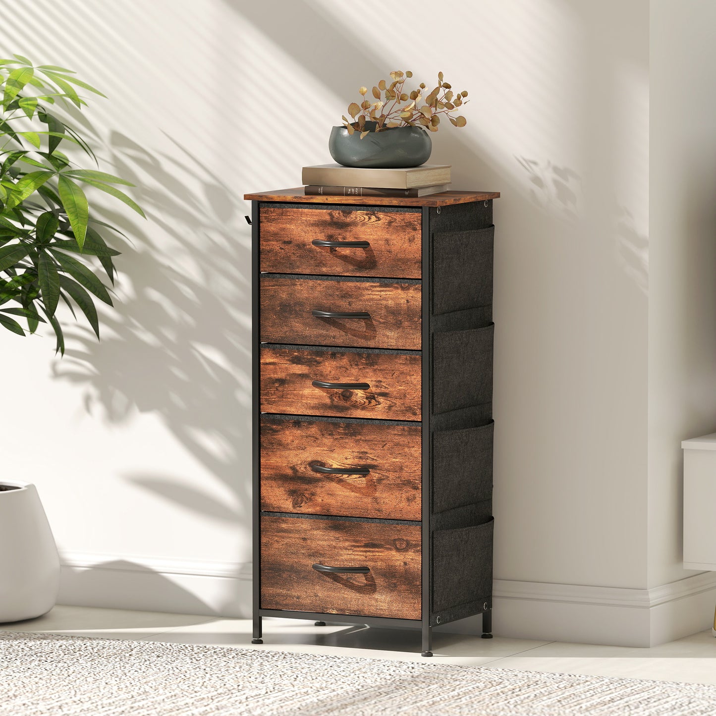 Kepa Fabric And Metal Rustic Brown 5 Drawer Storage Chest