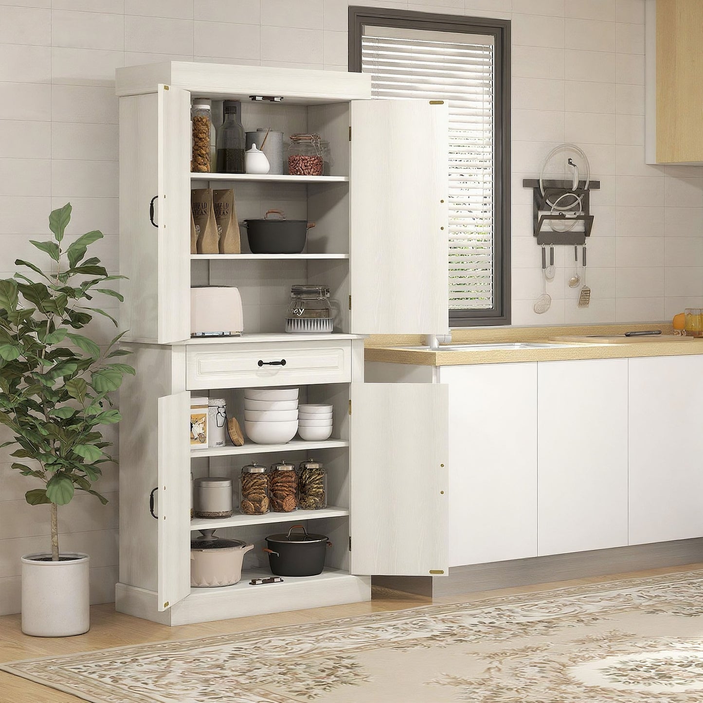 Tokeri Wooden Cream White Tall Kitchen Pantry Cabinet 4 Doors And Storage Shelves