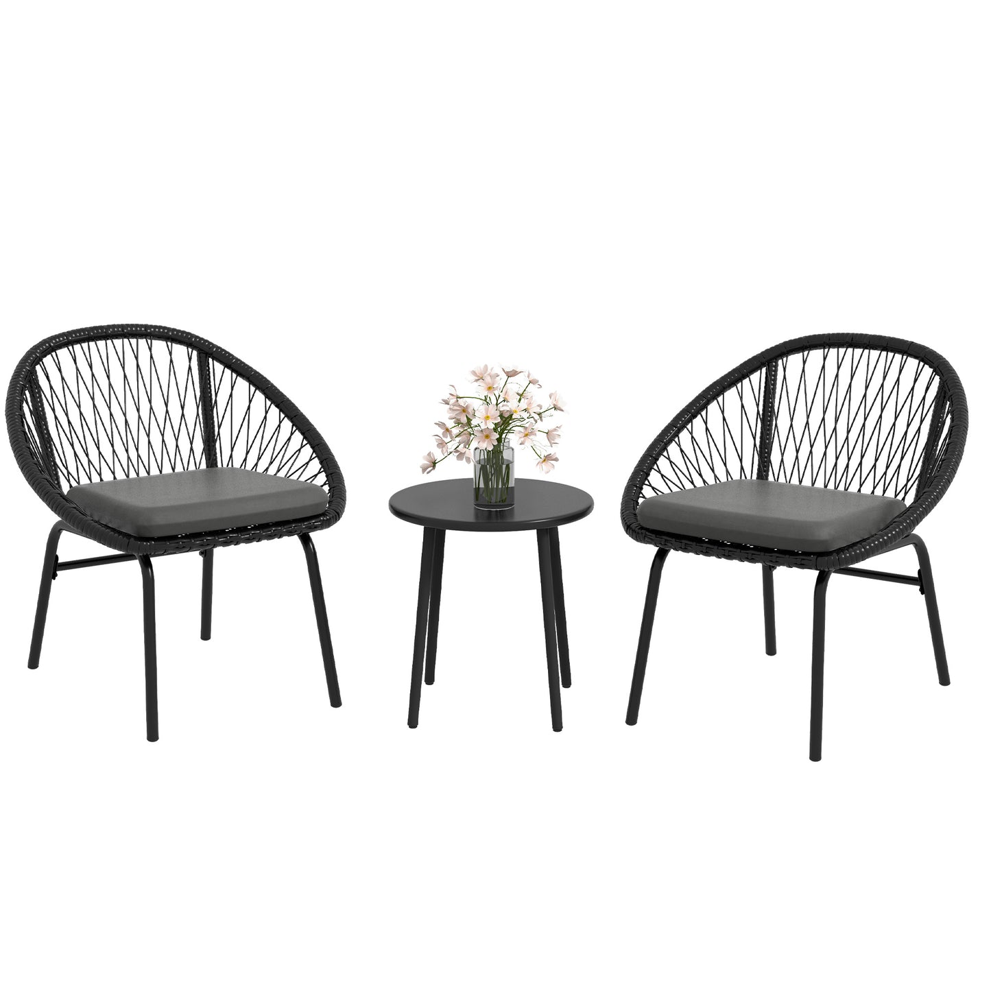 Lukeno Black Rattan Rope 3 Piece Outdoor Bistro Set Table and 2 Chairs Set