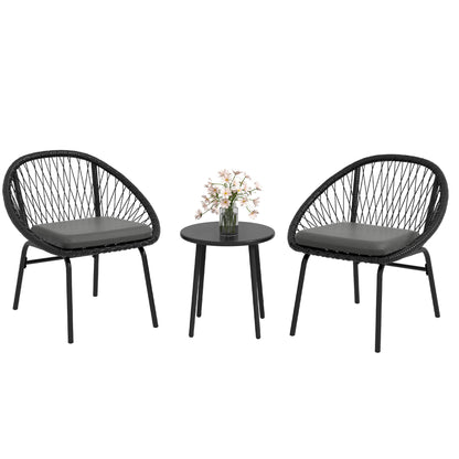 Lukeno Black Rattan Rope 3 Piece Outdoor Bistro Set Table and 2 Chairs Set