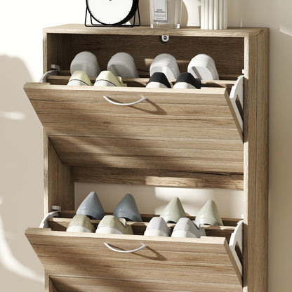 Covara Wooden Brown Wood Effect 12 Pair Shoe Cabinet With Flip Drawers
