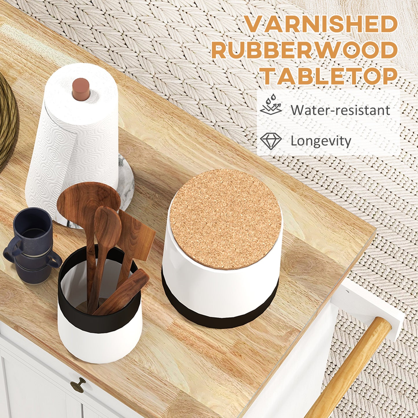 Viratto Natural and White Wooden Rolling Kitchen Island With Drawers And Storage