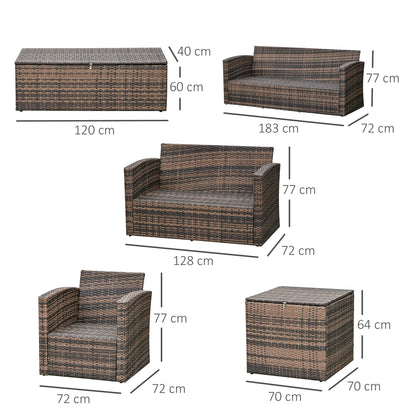 Toleli Brown Rattan Orange Cushions 7 Seater Outdoor Sofa Set With Storage Tables