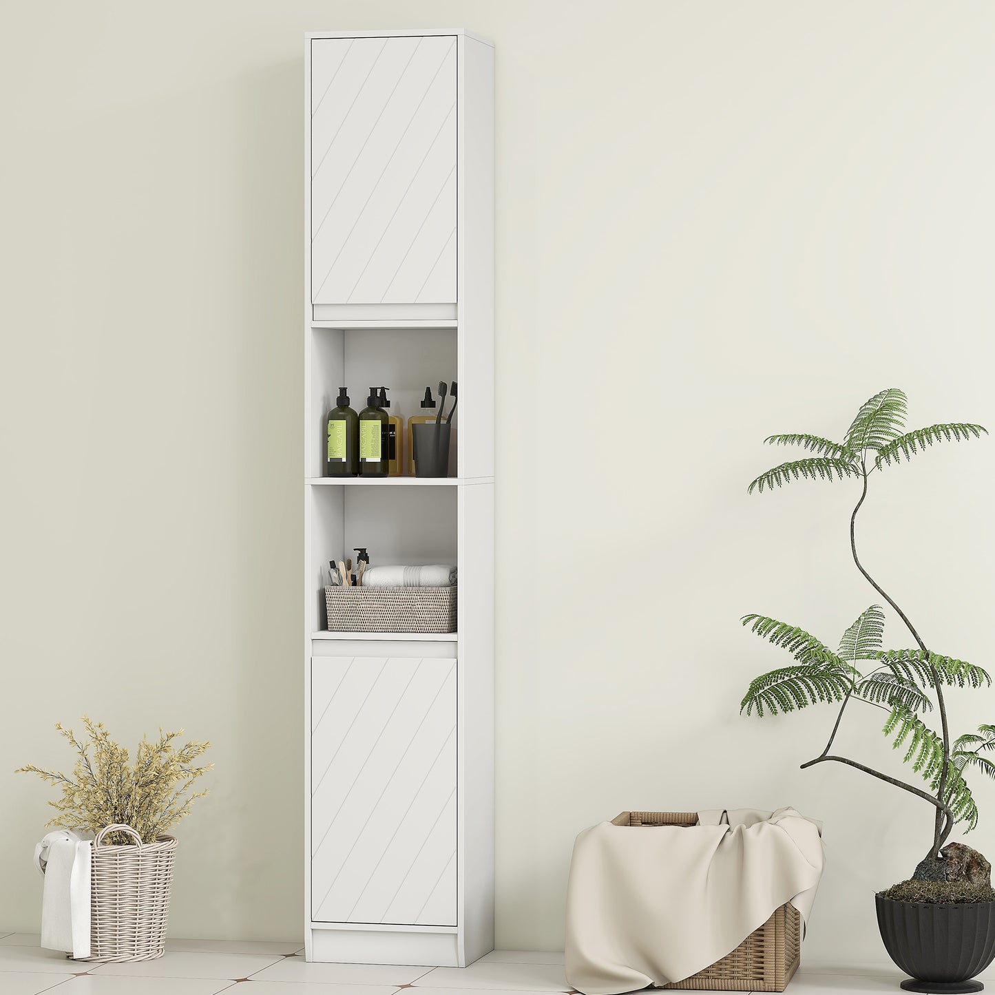 Fibava Slim Freestanding Bathroom Storage Cabinet With OFauxn Compartment Adjustable Shelves White 30 x 24 x 170 cm