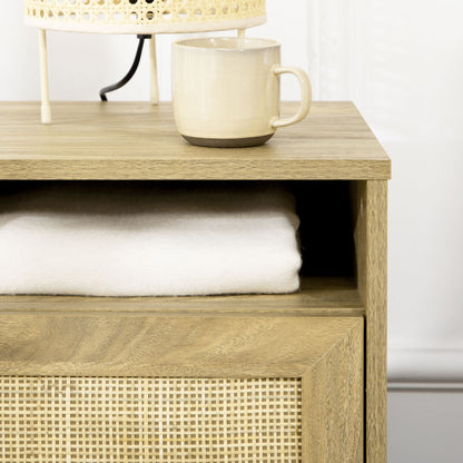 Nepale Natural Wooden Rattan Bedside Table With Drawer And Shelf