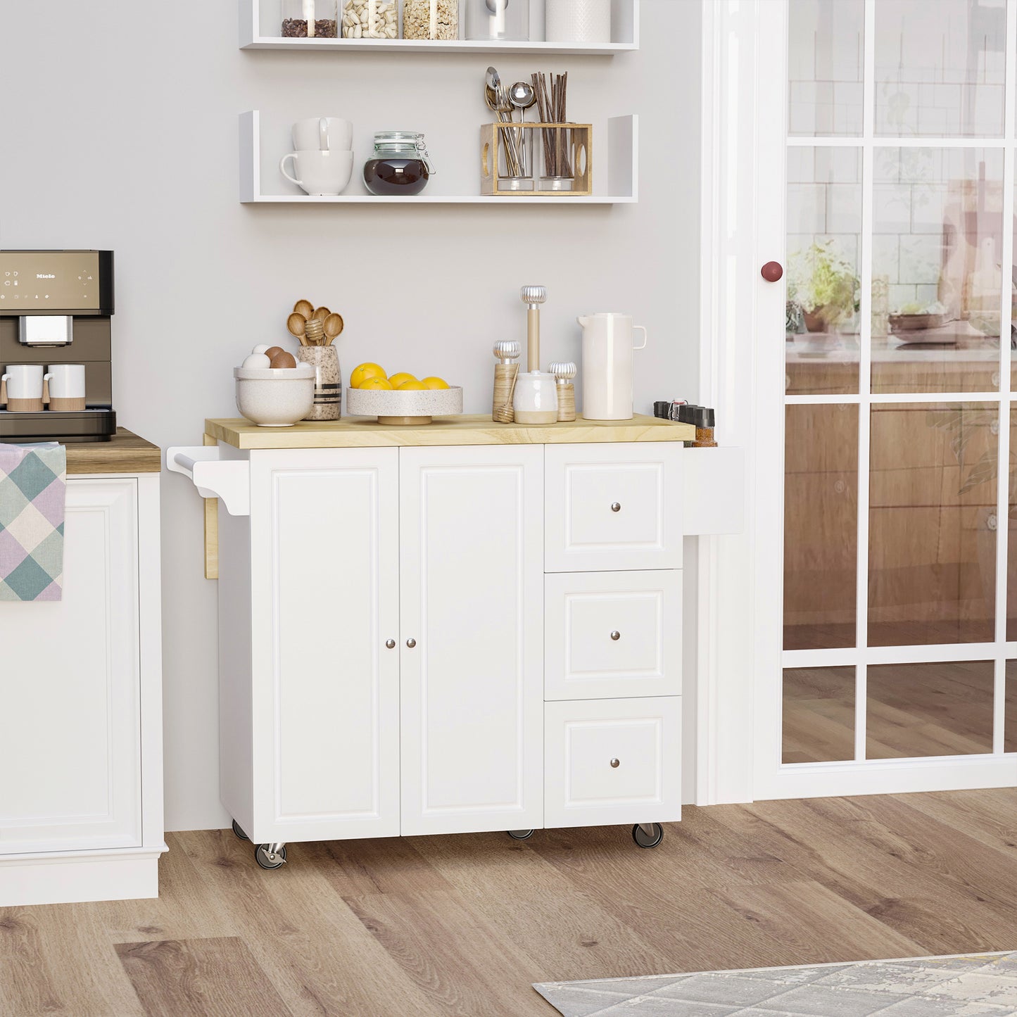 Tanalo Wooden White Rolling Kitchen Island With Drop Leaf Drawers Towel And Spice Racks