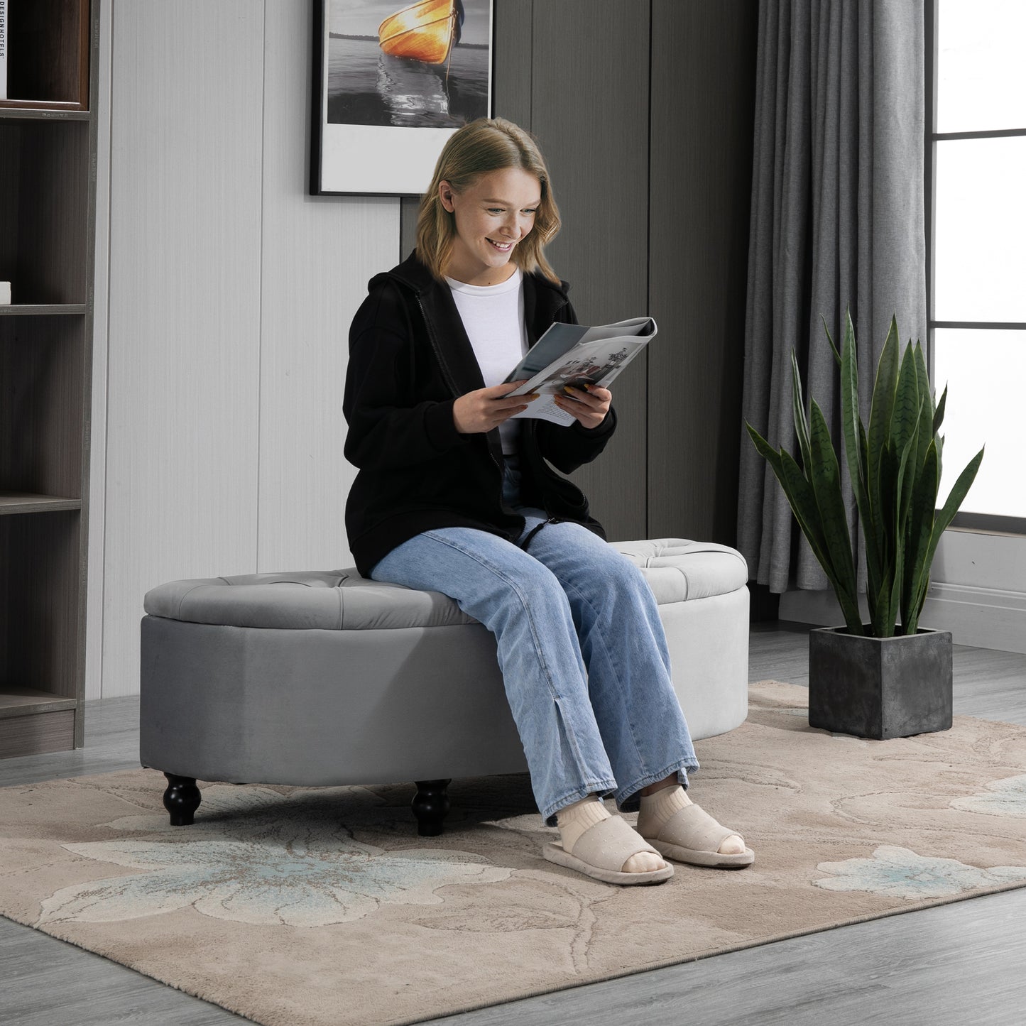 Kare Fabric Light Grey Semi Circle Storage Ottoman Bench Diamond Tufted