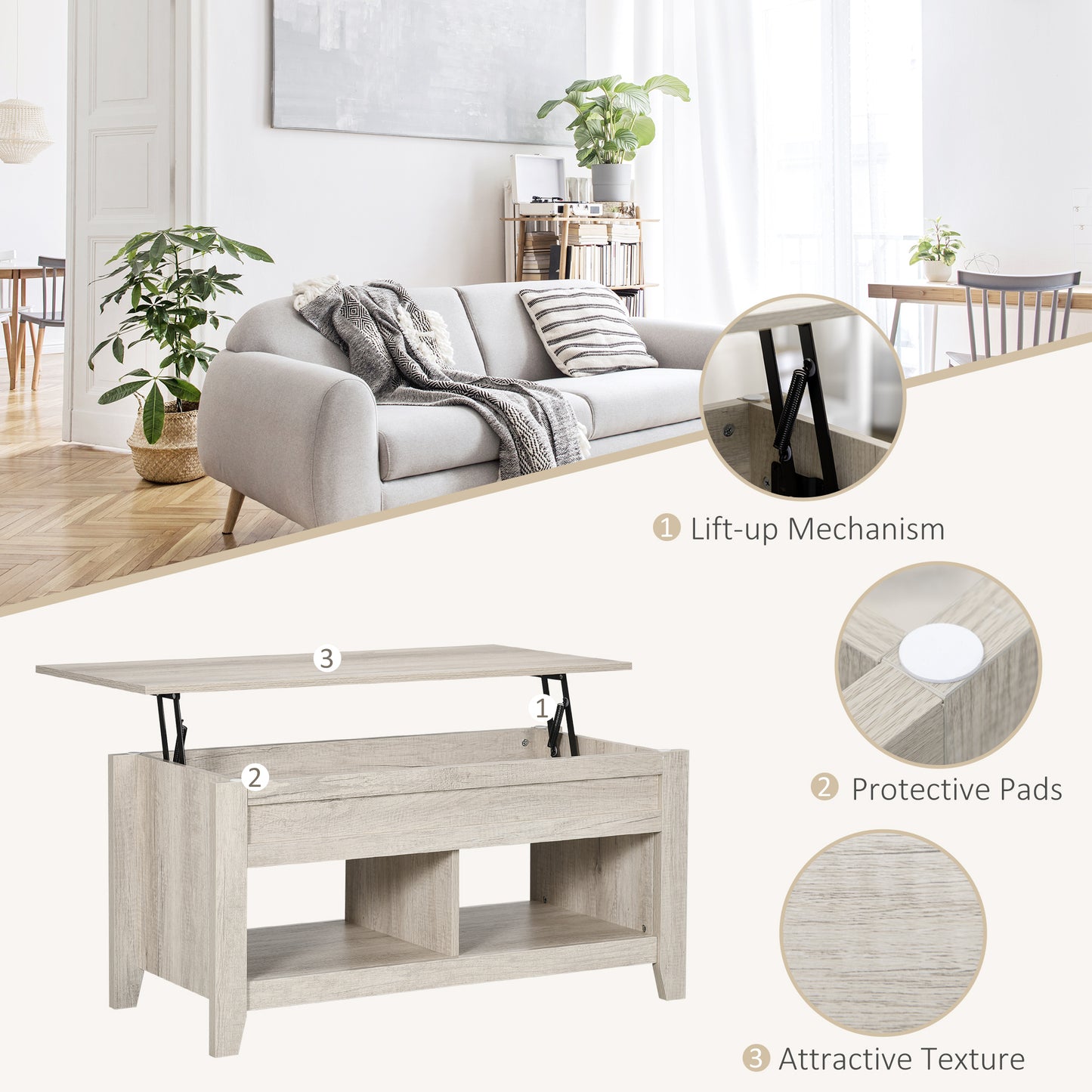 Tonodo Wooden Oak Effect Lift Top Coffee Table With Storage and Bottom Shelf