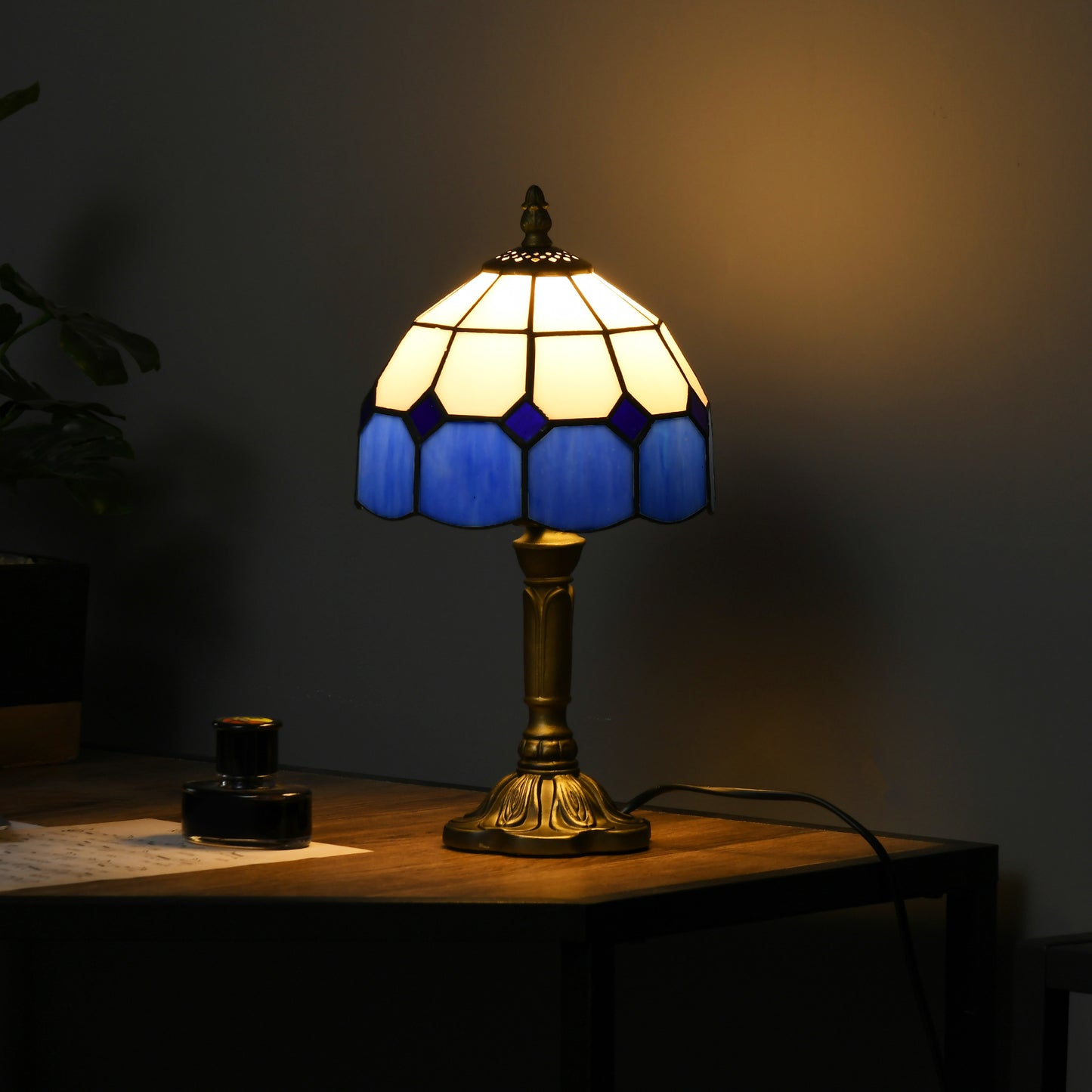 Lonema Glass And Metal White And Blue Art Deco Style Table Lamp