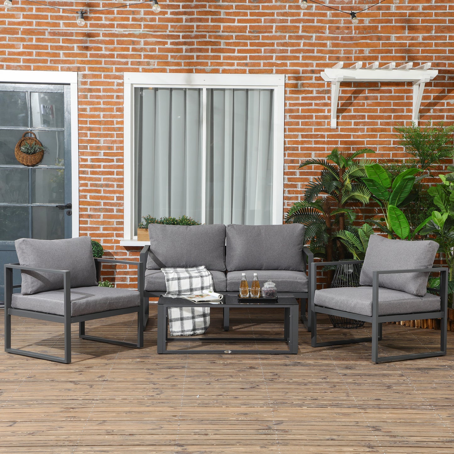 Luro 4 Seater Grey Garden Sofa Set with 2 Armchairs 1 Sofa and 1 Coffee Table Aluminium Frame