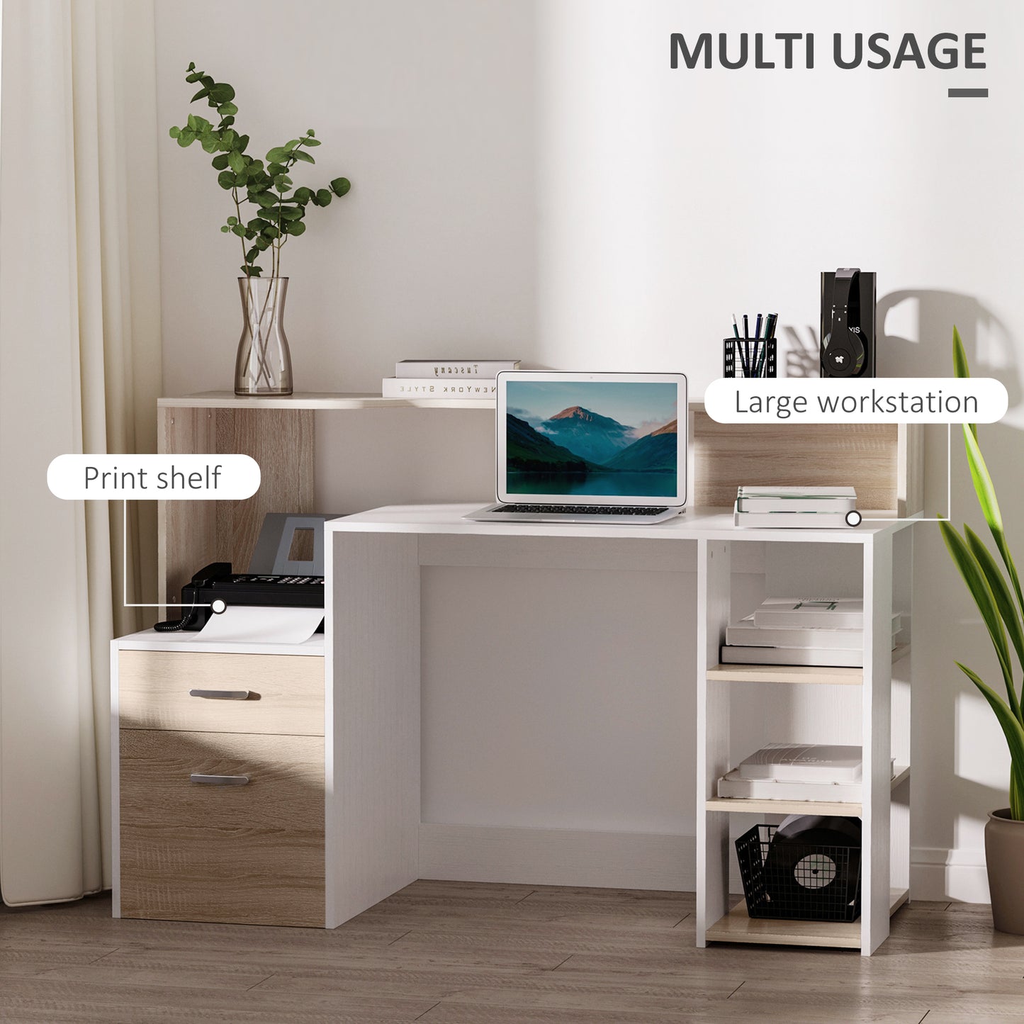 Niledi 137cm Wooden Oak Large Office Desk With Shelves Drawers And Printer Stand